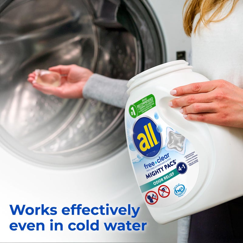 All Mighty Pacs Laundry Detergent Free Clear Odor Relief, Tub, 56 Count - Image 4
